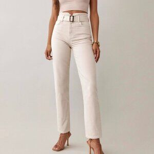 Reformation Cynthia Belted High Rise Straight Jeans - 27 - Bone